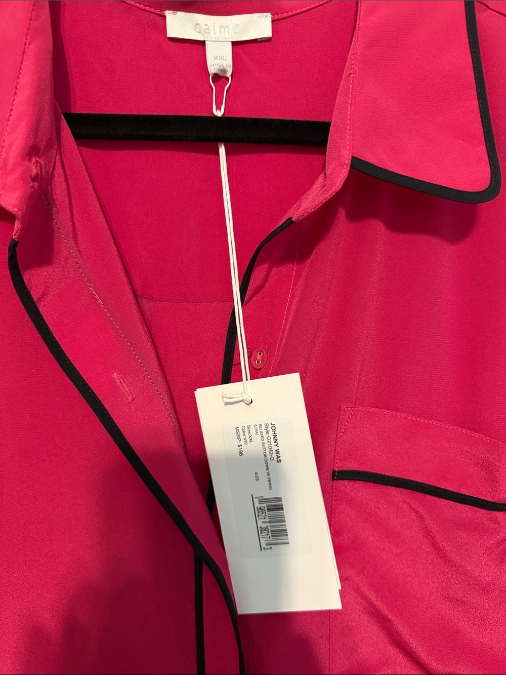 NWT Calme by Johnny Was 100% Silk Hot Pink Blouse with Black Piping - Picture 2 of 5